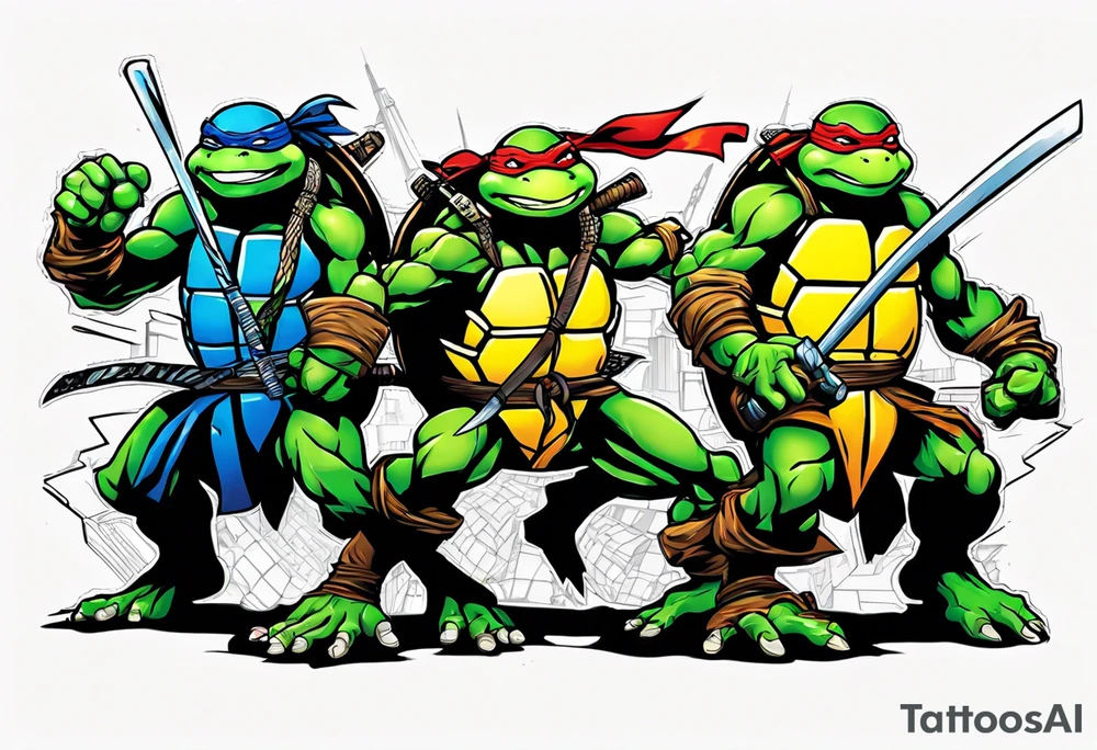 all four teenage mutant ninja turtles fighting enemies in a cityscape tattoo idea