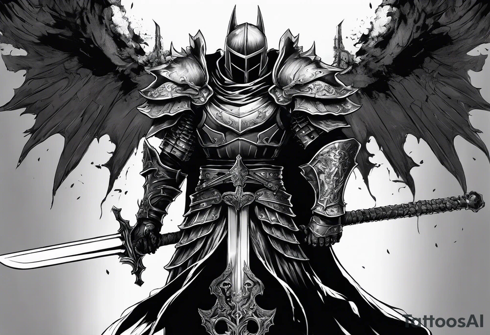 SkullKnight from the manga Berserk holding his sword downwards, his cloak fading into Guts. tattoo idea