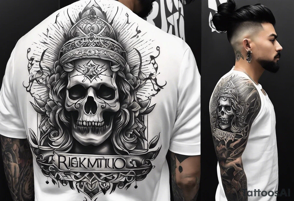 An aesthetic but unpretentious tattoo that is placed on the upper back of a male. It should represent religion, discipline, pain and the love to animals. tattoo idea