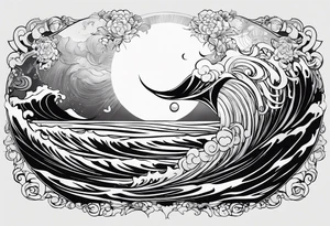 A falling angel in the sea with the sun and all related to an asiatic culture and the anime Tokyo Ghoul tattoo idea