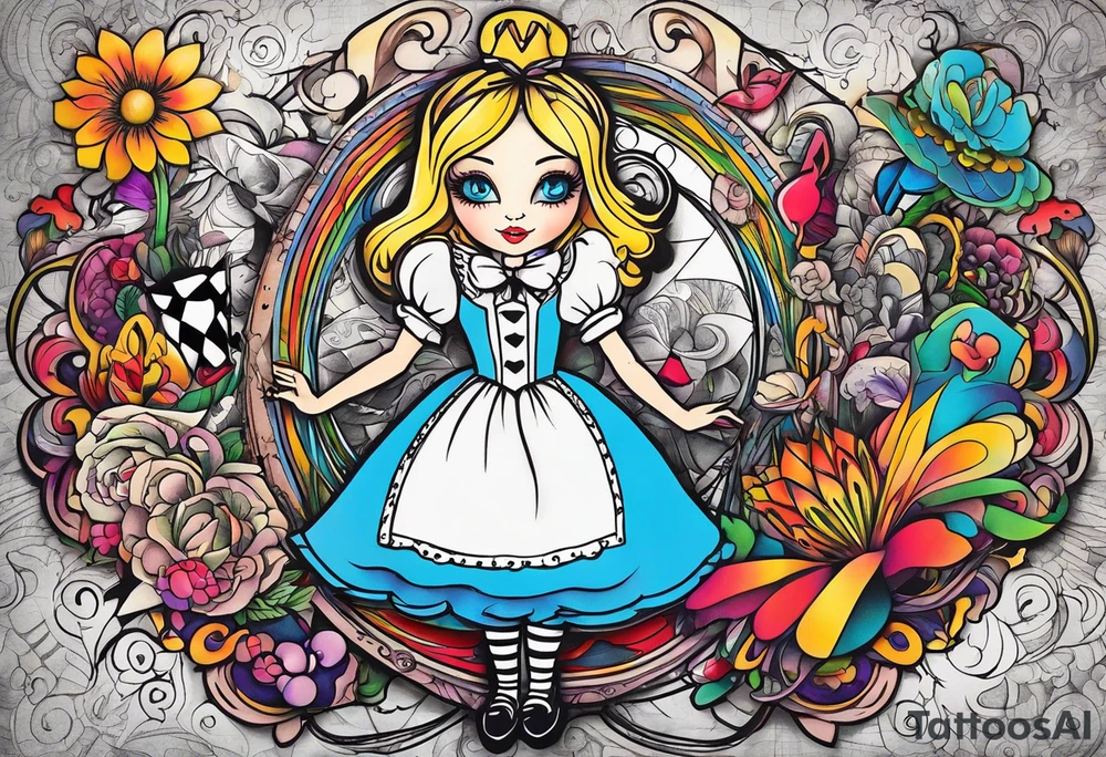 Alice in wonderland themed very colorful tattoo idea