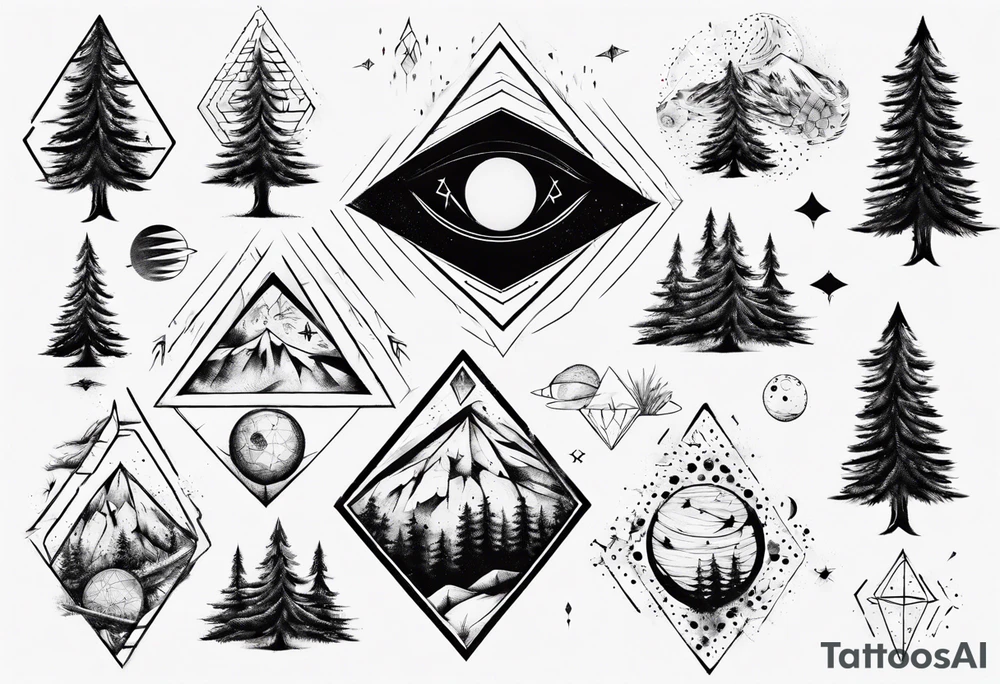 Pine trees with script.  Add an eye inside of a diamond shape with dot work lines coming out from the eye.  Add a planet. tattoo idea