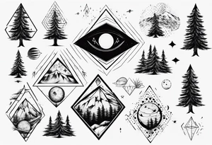 Pine trees with script.  Add an eye inside of a diamond shape with dot work lines coming out from the eye.  Add a planet. tattoo idea