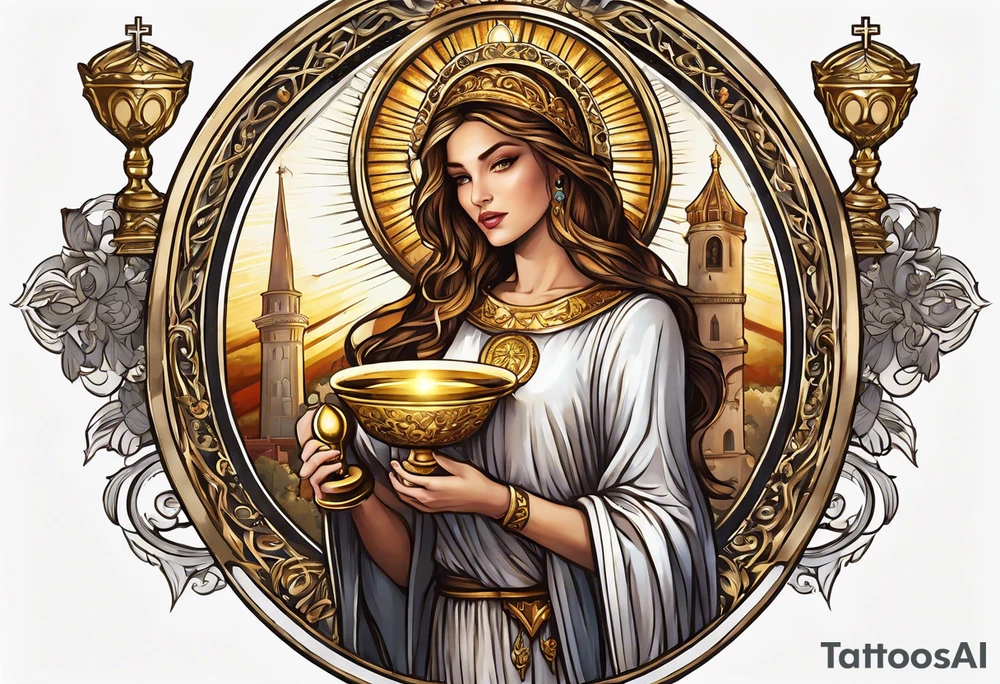woman saint holding chalice surrounded by golden halo with a tower tattoo idea