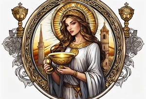woman saint holding chalice surrounded by golden halo with a tower tattoo idea