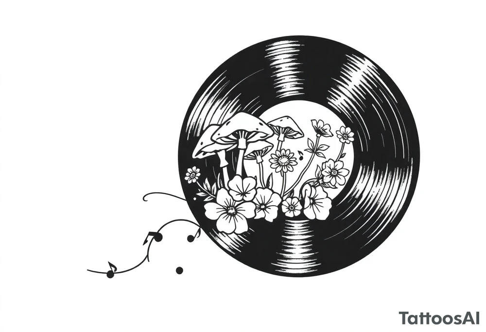 vinyl record with mushrooms, flowers, and music notes tattoo idea