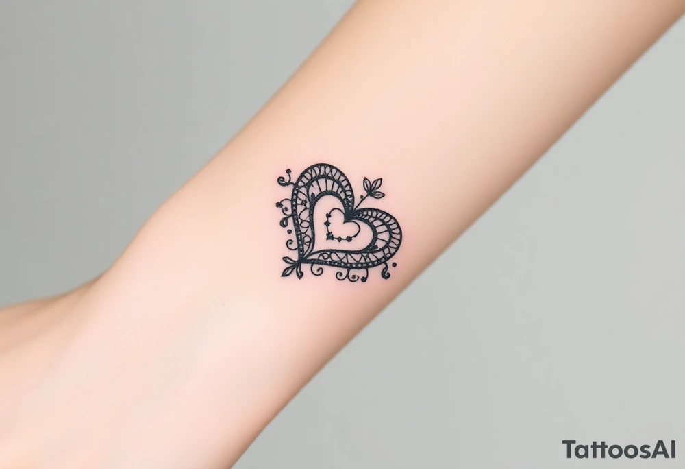 A heart-shaped lace pattern bracelet in black and silver, with a delicate filigree border tattoo idea
