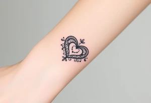 A heart-shaped lace pattern bracelet in black and silver, with a delicate filigree border tattoo idea