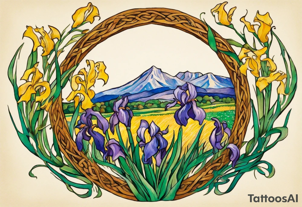 Create a small colorful Vincent van Gogh Irises tattoo in the form of a crescent, with vines or Celtic knots gracefully intertwining at a central point in the middle of the wreath.  In the middle of the wreath are mountains and other items found in New Mexico. Ensure that the design avoids the appearance of a bush and maintains a more structured and deliberate arrangement. The intended placement is on the upper chest. The overall design should be small in size while maintaining a delicate and artistic aesthetic. Pay attention to the graceful flow of the vines and the placement of the irises to achieve a refined and elegant look. tattoo idea