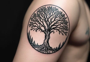 Tree inside a circular frame, seasons shown on each side (spring, summer, fall, winter) to represent generations. Names "Gabi (Spring)", "Leonard (Summer)", "Maty (Fall)", "Renata (Winter)." tattoo idea