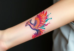 Phoenix with blazing flames with purple, orange, teal and green splashes tattoo idea