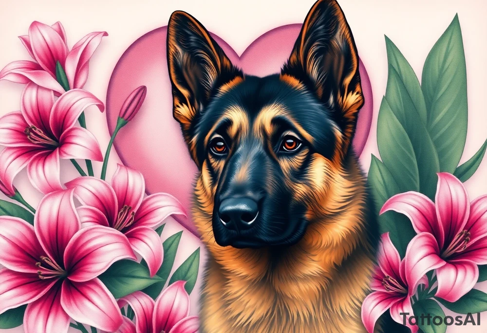 realistic german shepherd with alert ears looking protective surrounded by pink lilies with large leaves in front of a sacred heart tattoo idea
