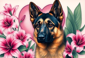 realistic german shepherd with alert ears looking protective surrounded by pink lilies with large leaves in front of a sacred heart tattoo idea
