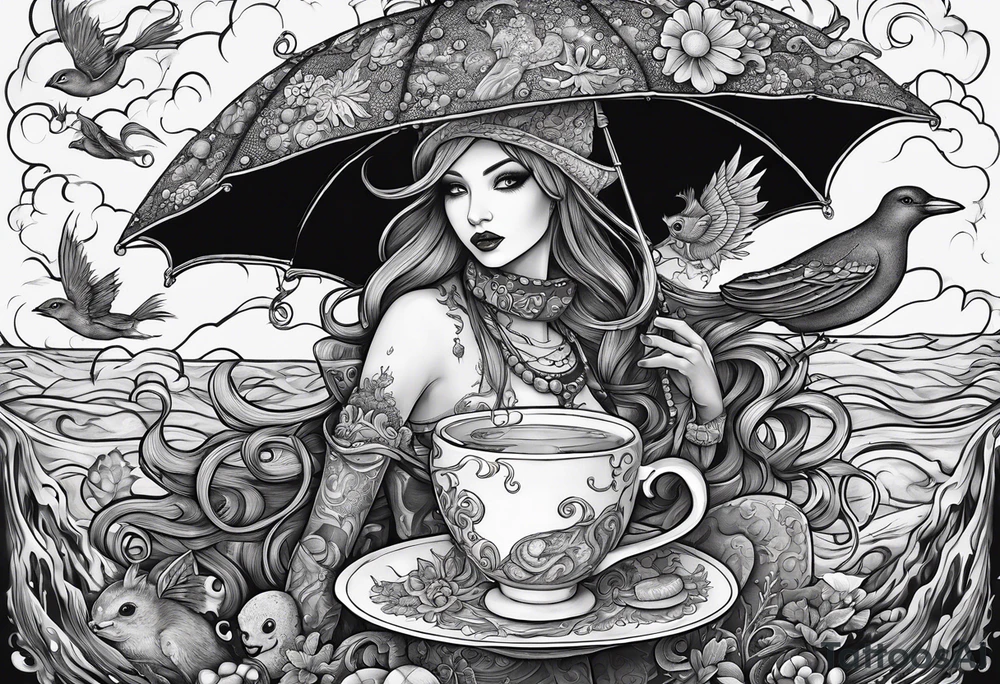 a sea witch with tentacles holding an umbrella and a teacup with a yellow bird chasing a gingerbread boy tattoo idea