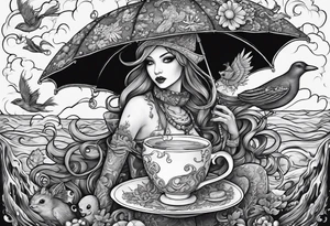 a sea witch with tentacles holding an umbrella and a teacup with a yellow bird chasing a gingerbread boy tattoo idea