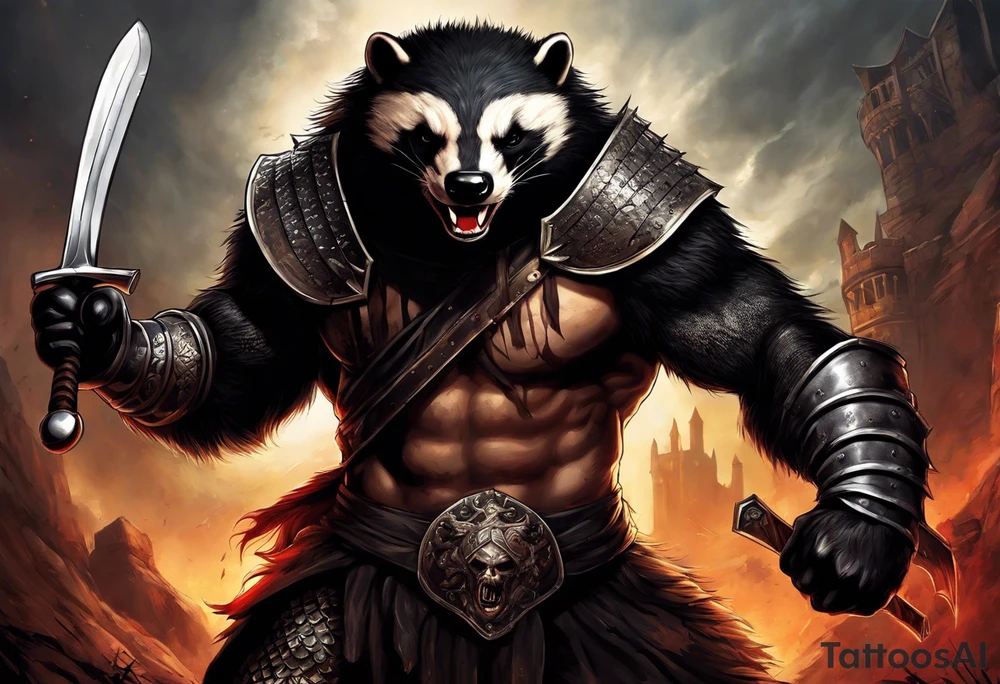 Draw me psychopath Honey Badger/Berserker with aggressive full body, killer face with a scary smile, very long nails and he attacks like a Bloody Assassin/Warrior/Gladiator to us and also, he has very deadly looking. He fights with his nails only. Everybody scares after their first sight. Give me horror type Badger Tattoo. I want to see his Realistic full body with no weapons. You can show destruction at the back. tattoo idea