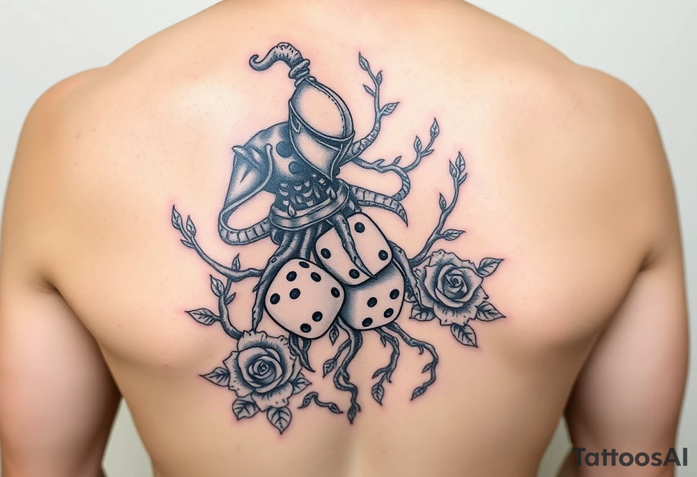 knight and squid intertwined with tree roots and roses rolling dice tattoo idea