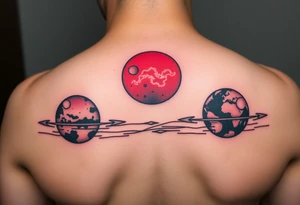 three horizontal planets. Color Black and red with more black tattoo idea