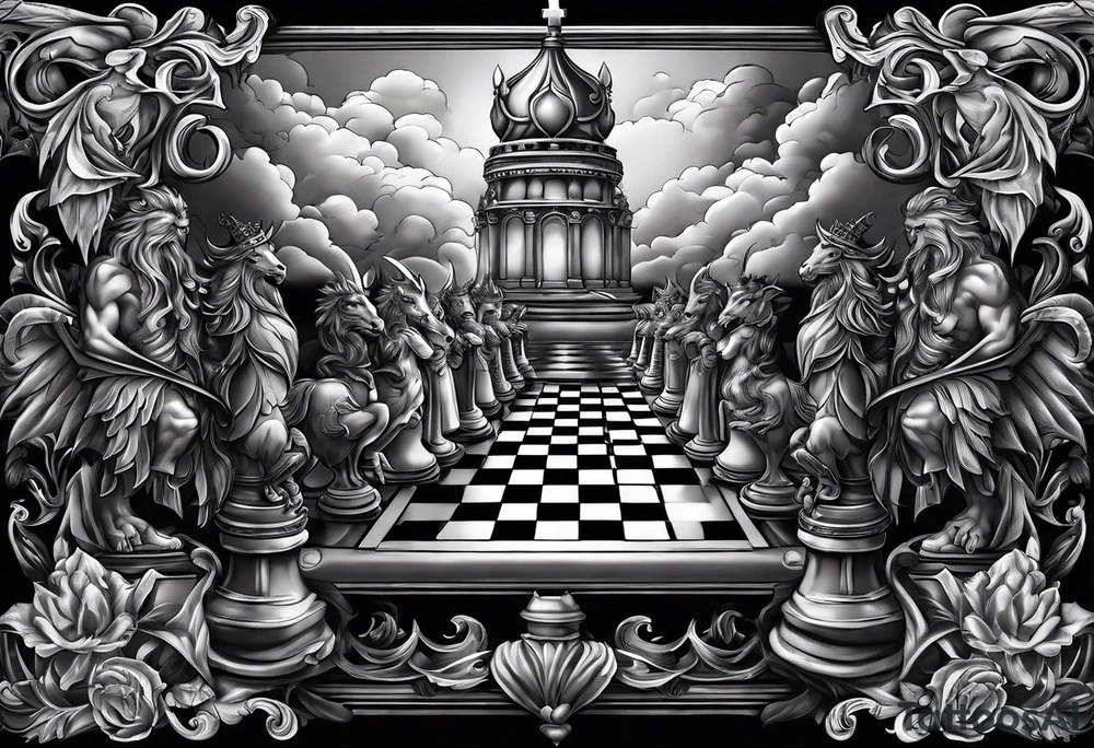 a chessboard with angelic and demonic chess pieces engaged in a strategic game, symbolizing the eternal battle between opposing forces. tattoo idea