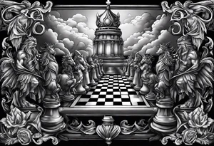 a chessboard with angelic and demonic chess pieces engaged in a strategic game, symbolizing the eternal battle between opposing forces. tattoo idea