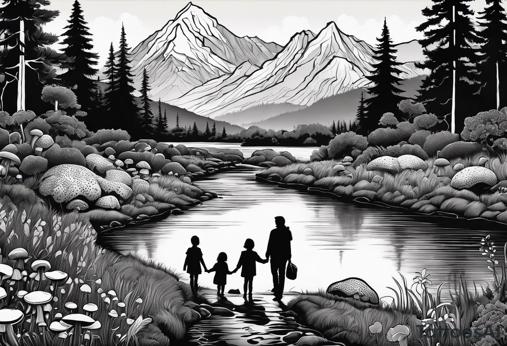 Family silhouette of a father, a mother, oldest son, middle daughter, and small daughter foraging mushrooms with mountains and creek in background tattoo idea