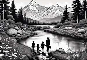 Family silhouette of a father, a mother, oldest son, middle daughter, and small daughter foraging mushrooms with mountains and creek in background tattoo idea