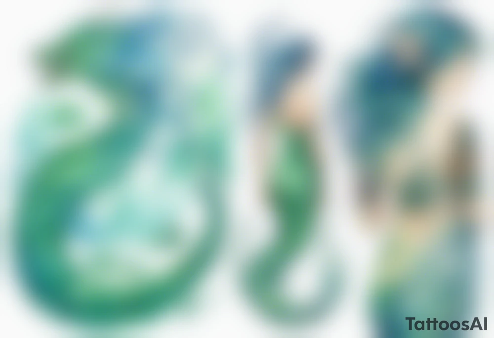 a blue-green Naiad next to a sea serpent tattoo idea