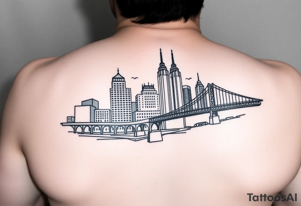 design a linework tattoo for the pittsburgh full marathon that i can get vertically on the back of my calf right below the knee pit. include the buildings in pittsburgh and one of the pittsburgh bridges tattoo idea