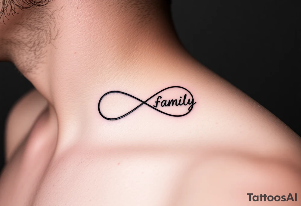 A minimalist infinity symbol composed of thin, intersecting lines, with the word "family" subtly incorporated along the curve in a contemporary font tattoo idea