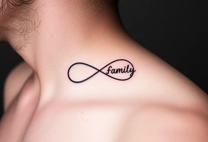 A minimalist infinity symbol composed of thin, intersecting lines, with the word "family" subtly incorporated along the curve in a contemporary font tattoo idea