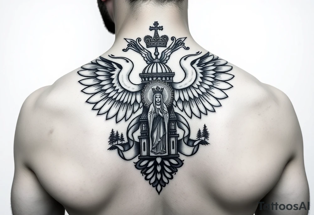 russian coat of arms double headed eagle traditional christian orthodox cross with a virgin mary stood in the entrance of a russian orthodox dome church on the side of the neck in a wilderness setting tattoo idea