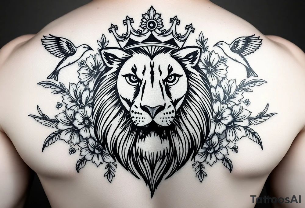 powerful majestic lion with a crown, surrounded by floral ornaments and birds tattoo idea
