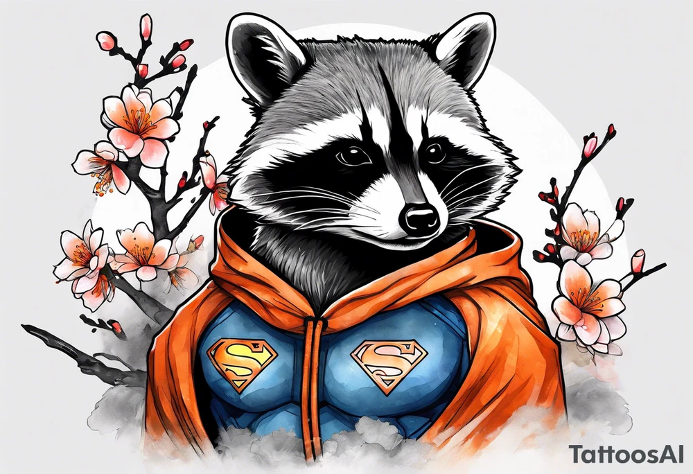 raccoon wearing a black and white Superman hoodie and orange Japanese cherry blossoms tattoo idea