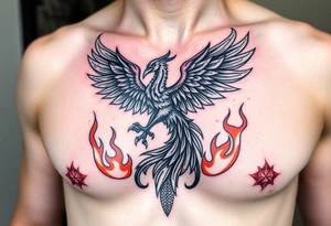 magnificent phoenix rising from golden flames with trailing embers made into a Irish family crest with dark and Demonic features tattoo idea