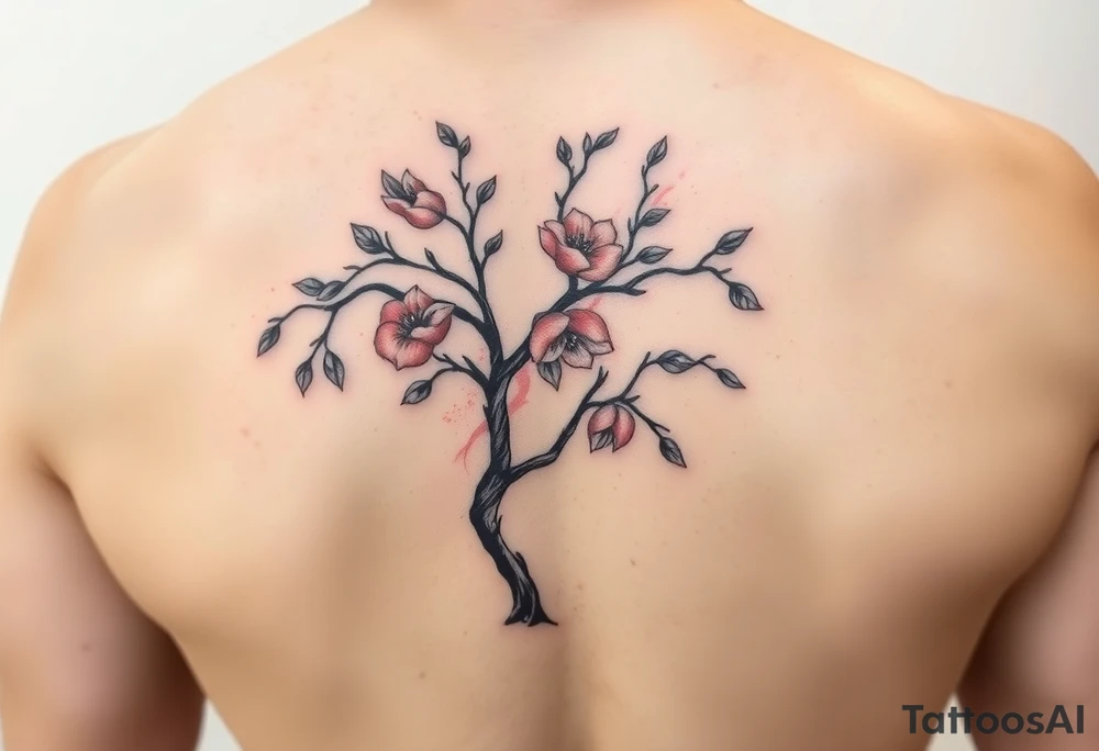 Peach tree with names scripted as branches tattoo idea