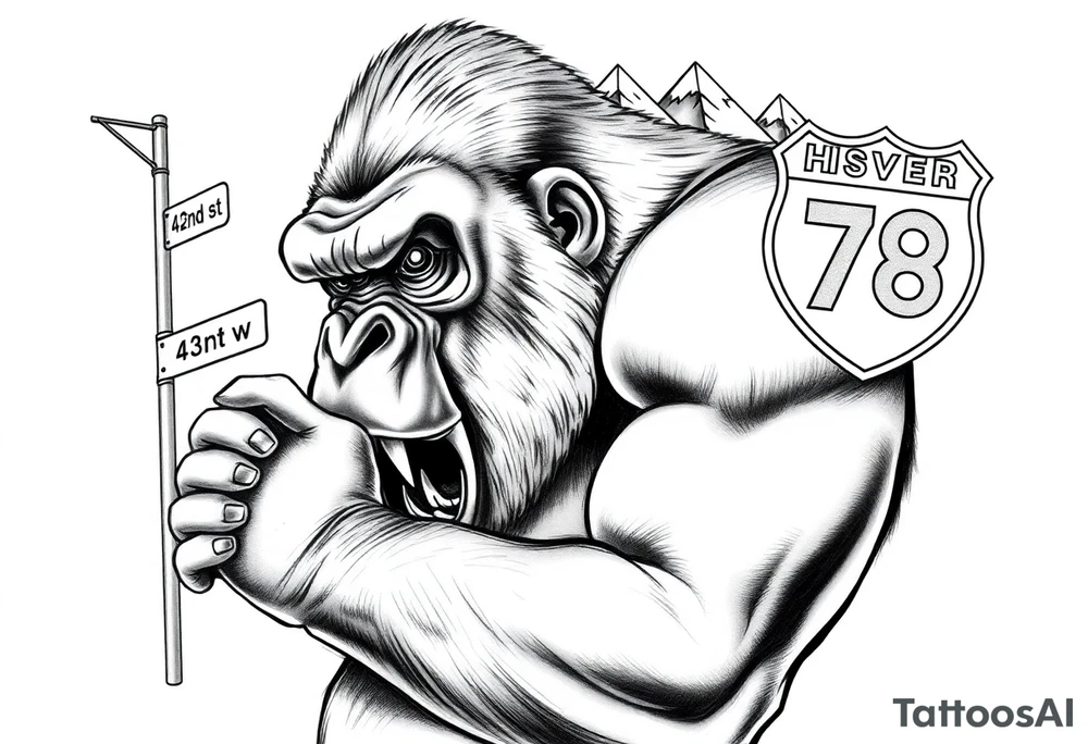 powerful aggressive gorilla with a street sign with a pole on the left that says 42nd st w, a highway sign on the right that says highway 78 and pyramids above the ape’s head that have snow on them all in close proximity. tattoo idea