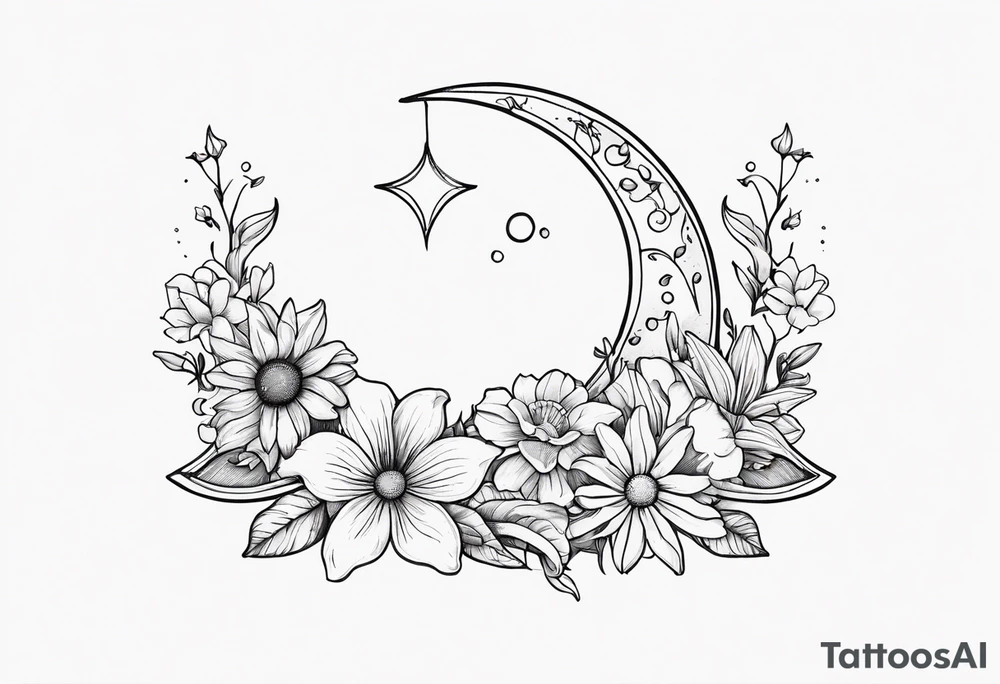 Crescent moon with daisy's, lily’s, crystals, and mushrooms tattoo idea
