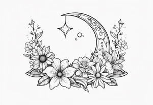 Crescent moon with daisy's, lily’s, crystals, and mushrooms tattoo idea