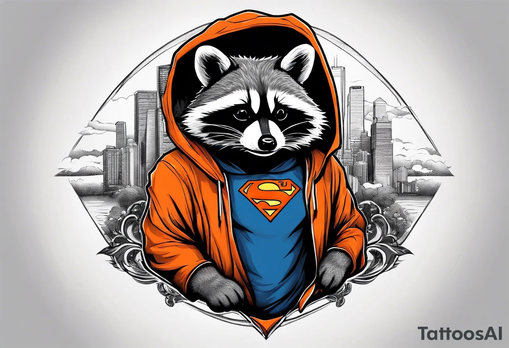 Raccoon wearing an orange Superman hoodie tattoo idea