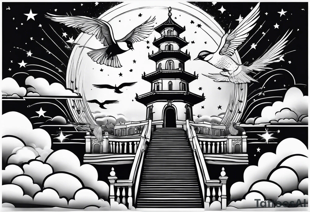 stars, clouds, birds,stairway tattoo idea