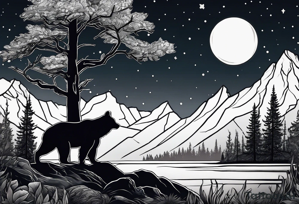 Hunter in the forest with dark mountains in the background under moonlight with bear and
 deer and a cougar tattoo idea