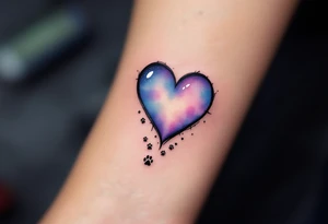 A heart-shaped paw with a subtle gradient of light blues and purples, with tiny paw prints trailing off, representing love’s constant journey and loyalty. tattoo idea