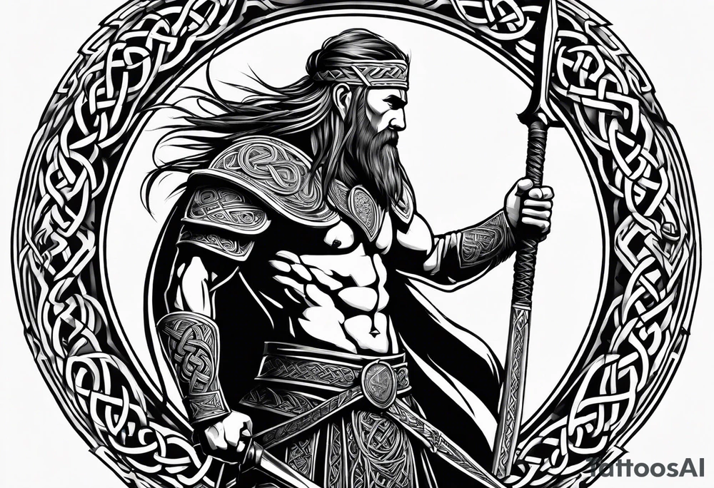 Side profile, full body of Celtic warrior with weapons unsheathed tattoo idea
