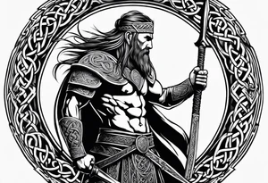Side profile, full body of Celtic warrior with weapons unsheathed tattoo idea