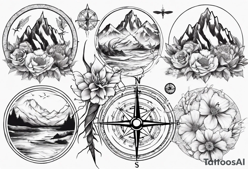 Compass, waves, mountains,
with flowers and dragon fly tattoo idea