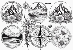 Compass, waves, mountains,
with flowers and dragon fly tattoo idea