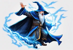 Yelling wizard directing a lightning strike with blue lightning and a black cloak tattoo idea