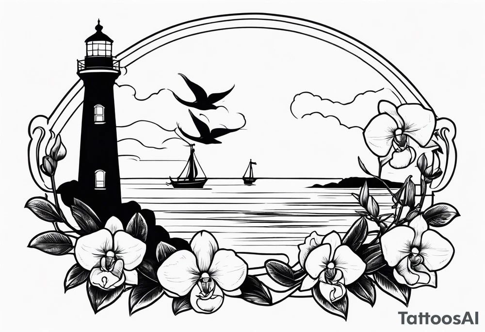 Lighthouse and anchor with orchids tattoo idea