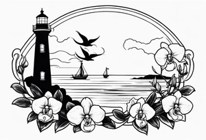 Lighthouse and anchor with orchids tattoo idea