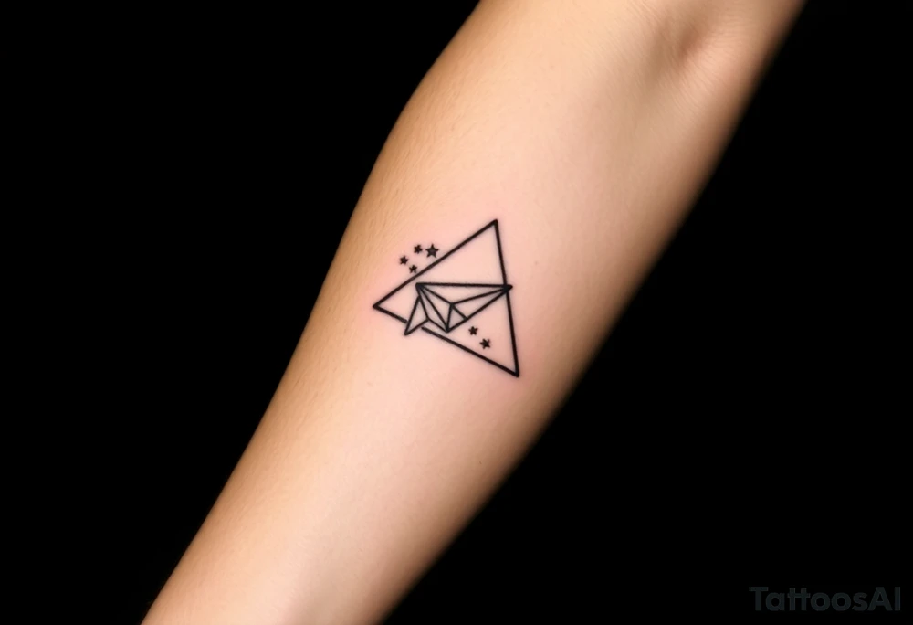 Small geometric triangle with a geometric paper plane going around the world with thin fine lines tattoo idea